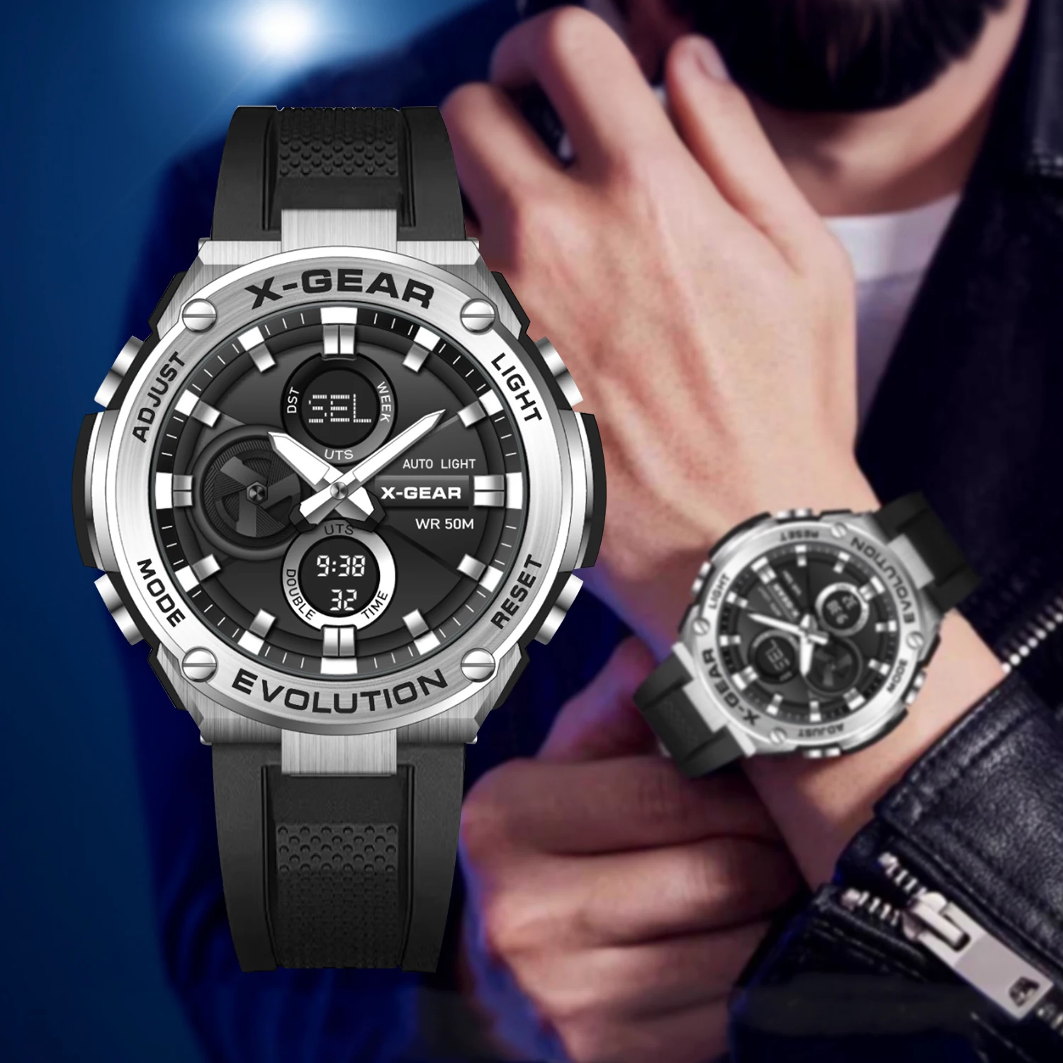 X-GEAR Fashion Business Men's Sports Watch With Dual Display Waterproof Rubber Strap Analog Digital Man Watches