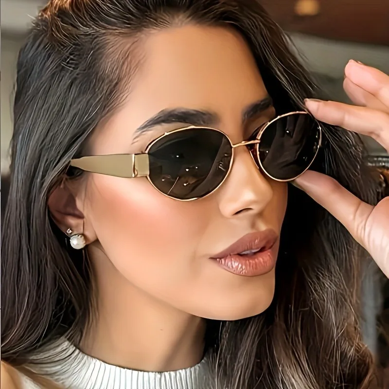 Women's Retro Oval Golden-Tone  Stylish Decorative Eyewear for Casual Formal Outfits