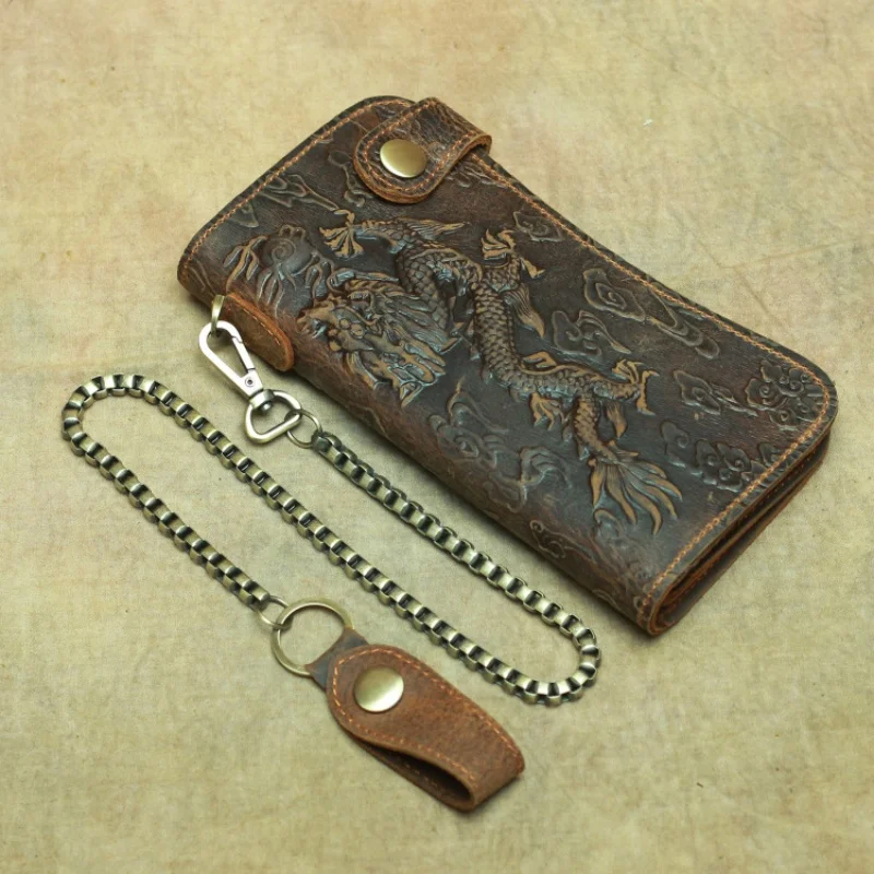 Hot Sale Luxury Male Cattle Real Leather Design Dragon Tiger Emboss Checkbook Iron Chain Organizer Wallet Purse Clutch