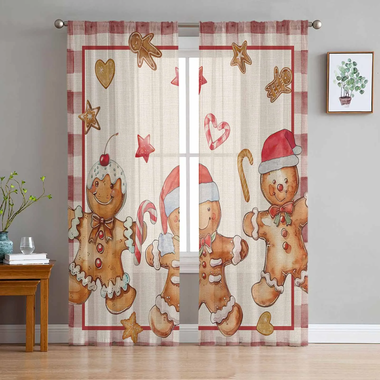 Christmas Gingerbread Man Retro Candy Window Treatment Tulle Modern Sheer Curtains for Kitchen Living Room Curtains Decor