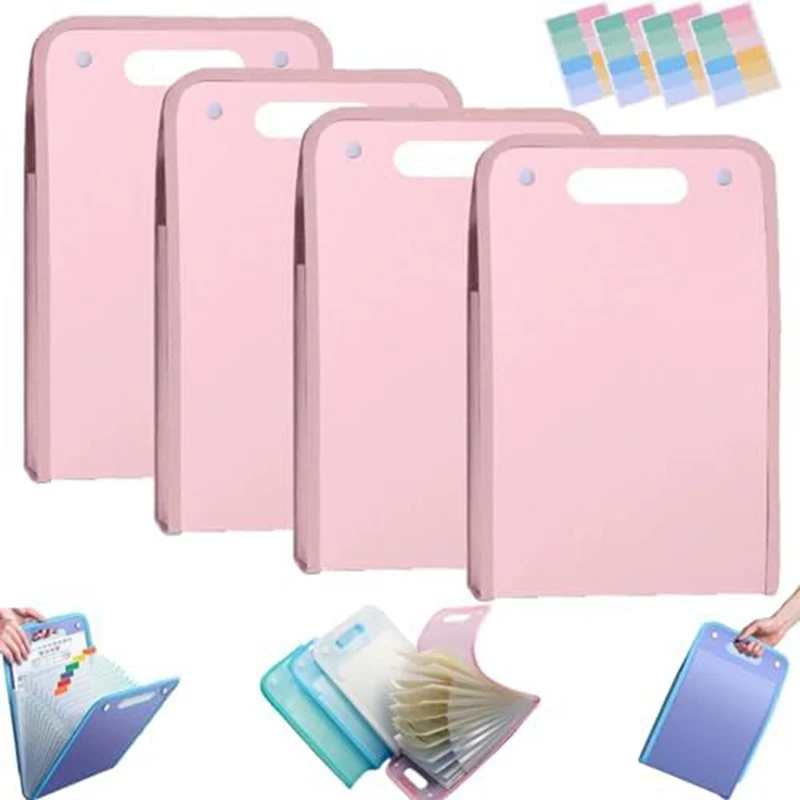 4PCS Extended Waterproof Folder, Vertical File Manager With Handle 13 Pocket A4 Multi-Page Portable Office Folders