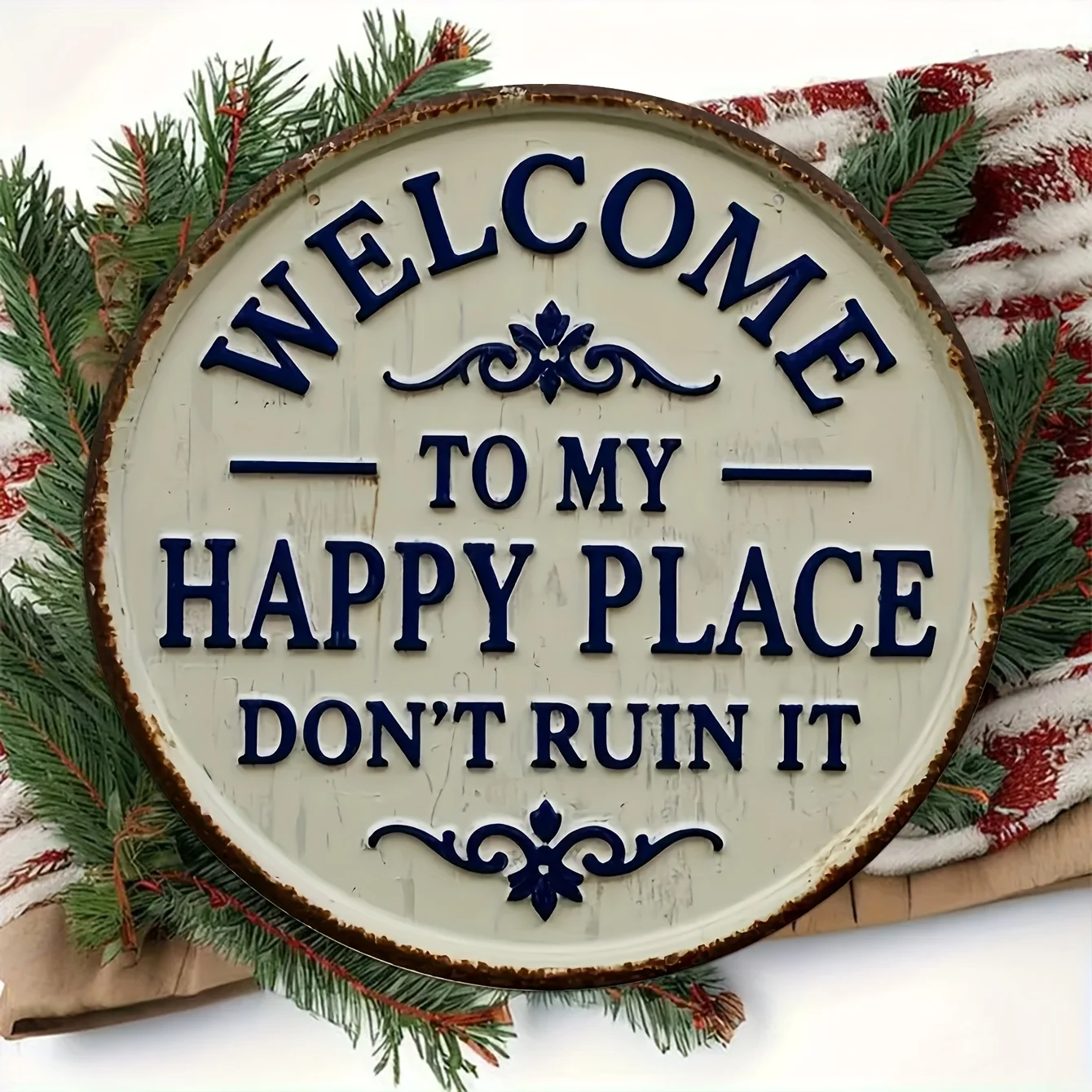 مسطح ثنائي الأبعاد، مرحبًا بكم في مكان سعيد لا تدميره" لافتة خشبية مستديرة عتيقة - لوحة زخرفية زرقاء وبيضاء ريفية للمنزل، Po #5