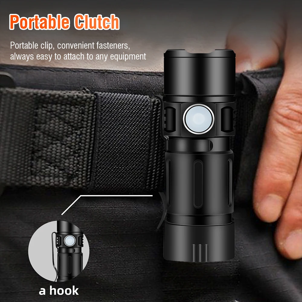 BORUiT Mini Led Flashlight 600LM Rechargeable Pocket Torch Light 16340 battery Waterproof Camping Lantern with Magnet Hug clip