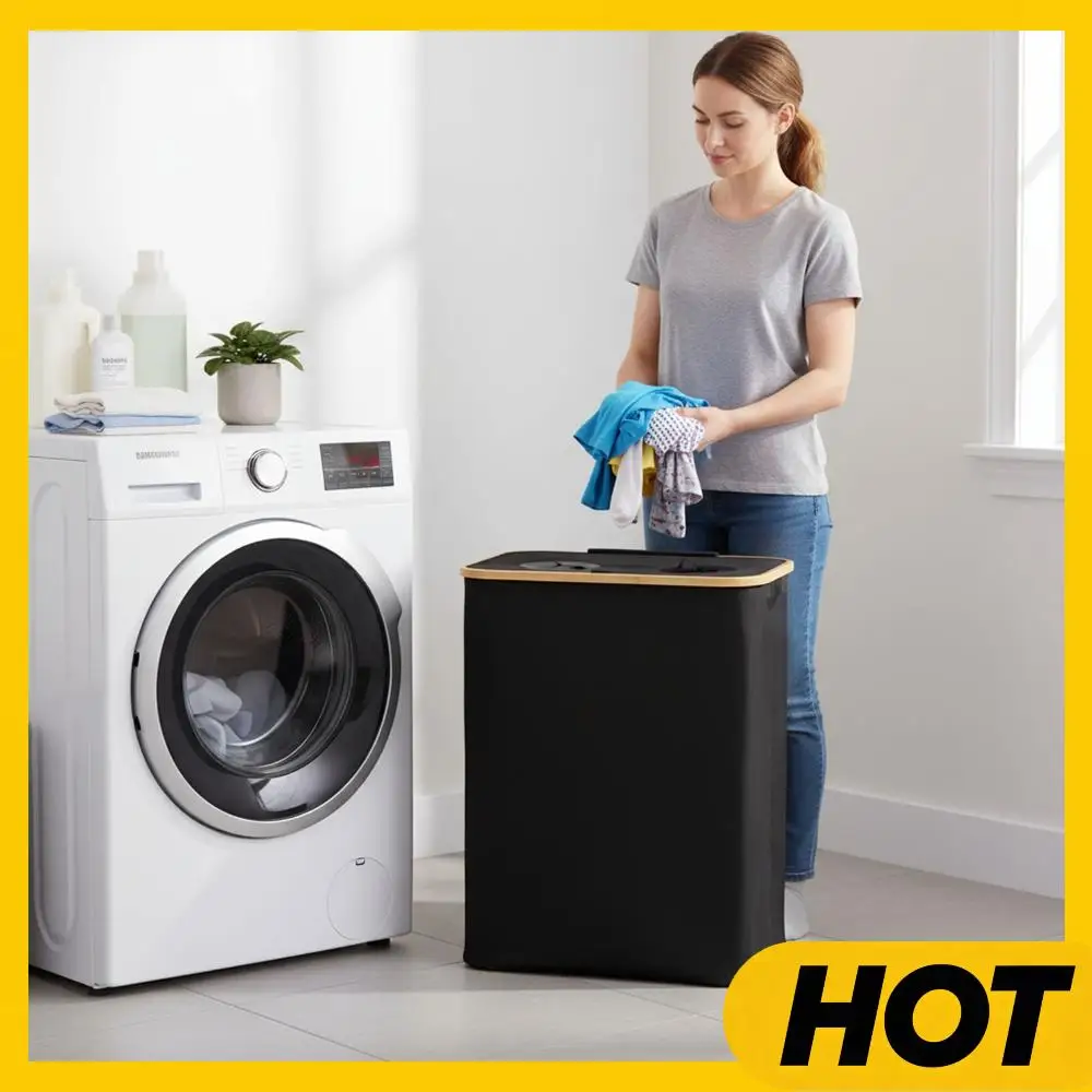 

Складная корзина для белья из оксфордской ткани на 140 л, 2 секции, с крышкой, большая двойная корзина для белья со съемным мешком, для дома и спальни