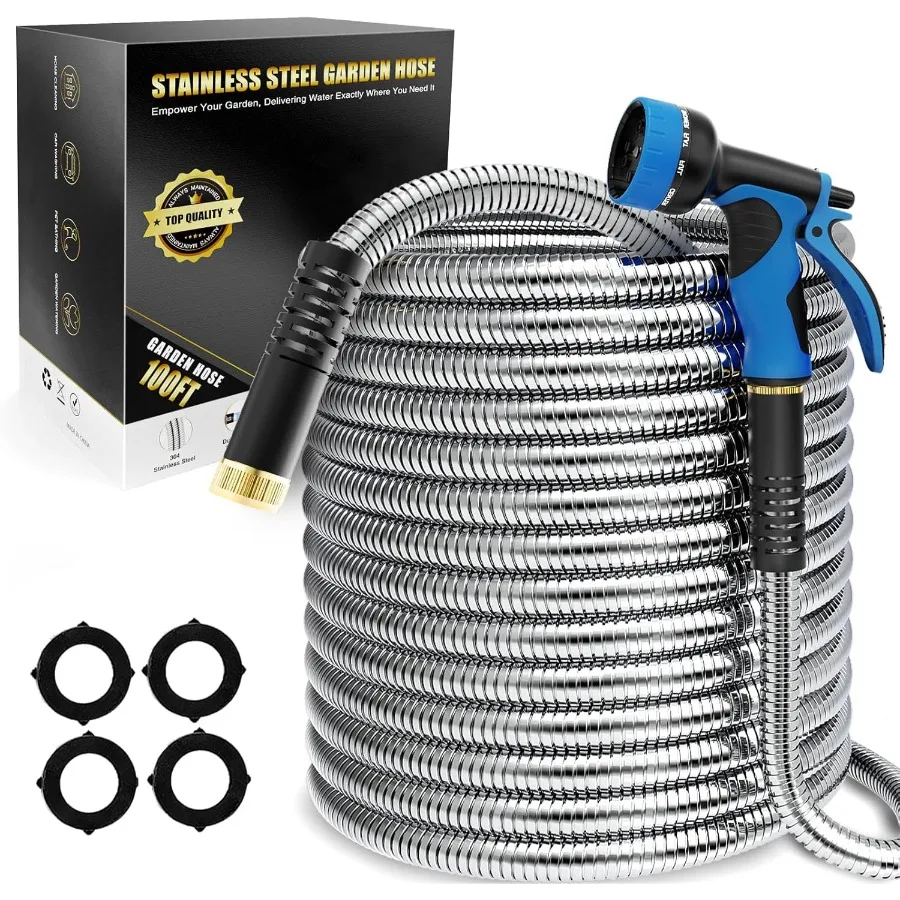 

100ft Flexible Metal Garden Hose with 10Function Nozzle for Yard Outdoor and RV Use Stainless Steel Heavy Duty Crush Resistant