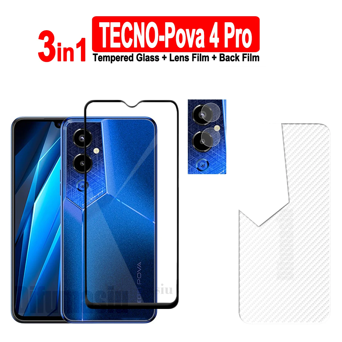 

For Tecno Pova 4 Pro Tempered Glass Screen Protectors Soft Camera Lens Protector Full Cover Screen Glass 3in1 Back Film