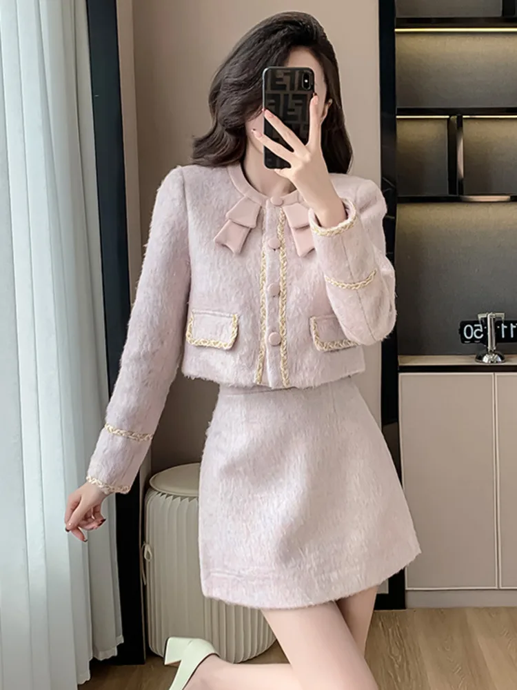 High Quality Fashion Sweet Woolen Two Piece Set For Women Fall Winter Bow Short Jacket Coat + Mini Skirt Suits Conjuntos Cortos