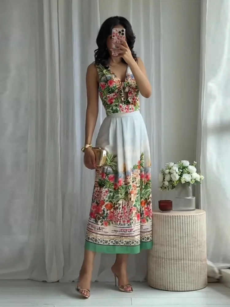 

Fashion Print Vest Skirts Sets Women's V-neck Bow Sleeveless Crop Top High Waist Long Skirts 2025 Summer Elegant Vacation Suits
