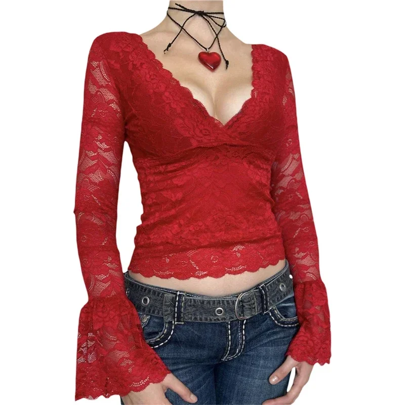 Temperament Slim Fitting Lace Top Y2k Clothing Women's Perspective V-neck Long Sleeved T-shirt Fairy Sexy 2000s Street YDL04