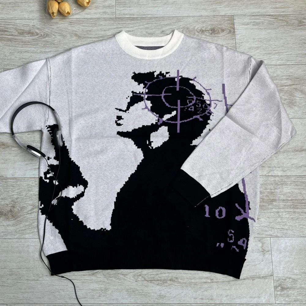 

Autumn Hip Hop Streetwear Knitted Sweater Men Gothic Portrait Print Pullover Harajuku Vintage Casual Fashion Comfortable Loose