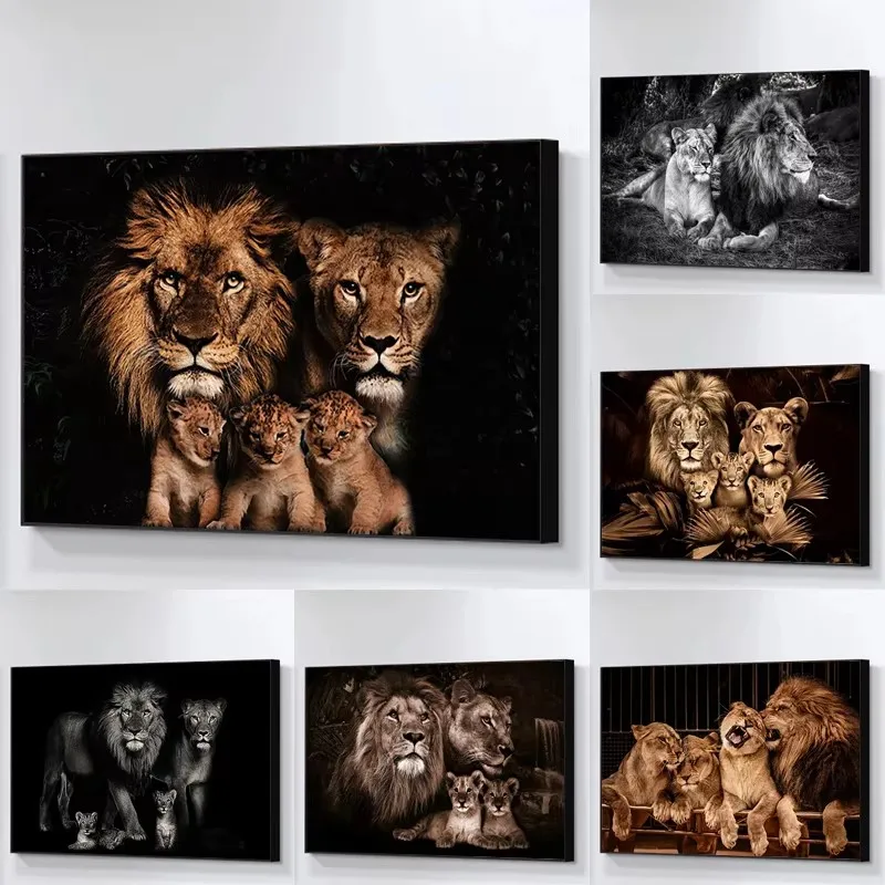 Arte Mural Moderno de Familia de Leones, Impresiones de Pintura de Diamantes, Pósters de Animales de la Naturaleza, Murales de Tigres para Decoración del Hogar y Sala de Estar