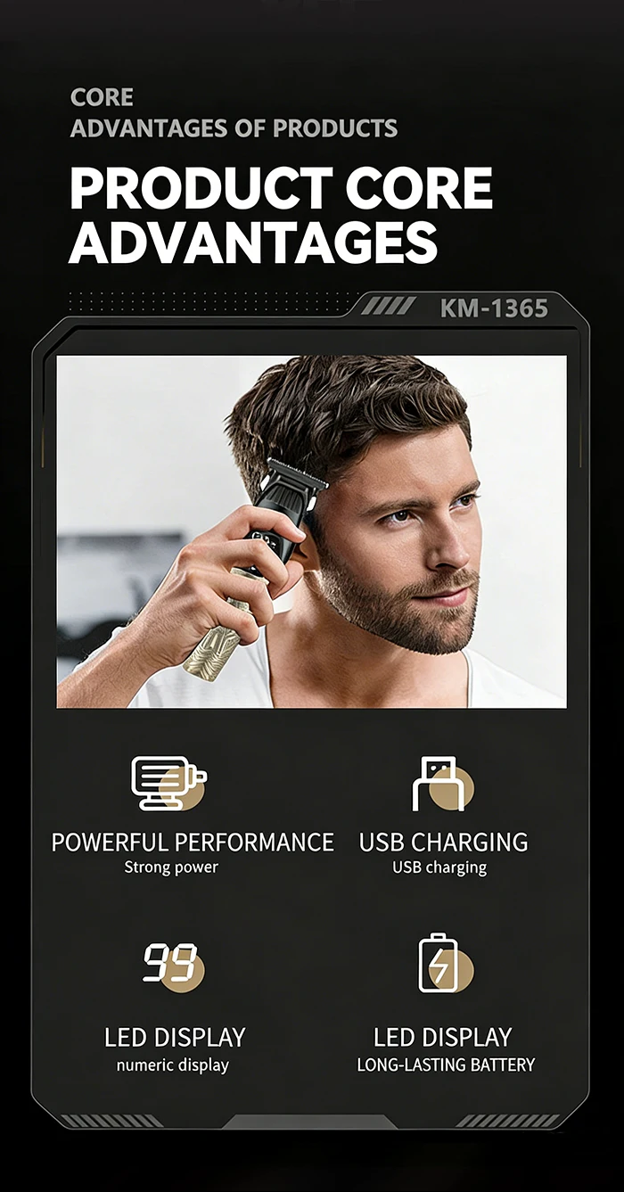 Kemei KM-1365 Elektrischer Haarschneider Professioneller Präzisions-Trimmer Metall-Haarschneidemaschine mit Digitalanzeige – Detail 2