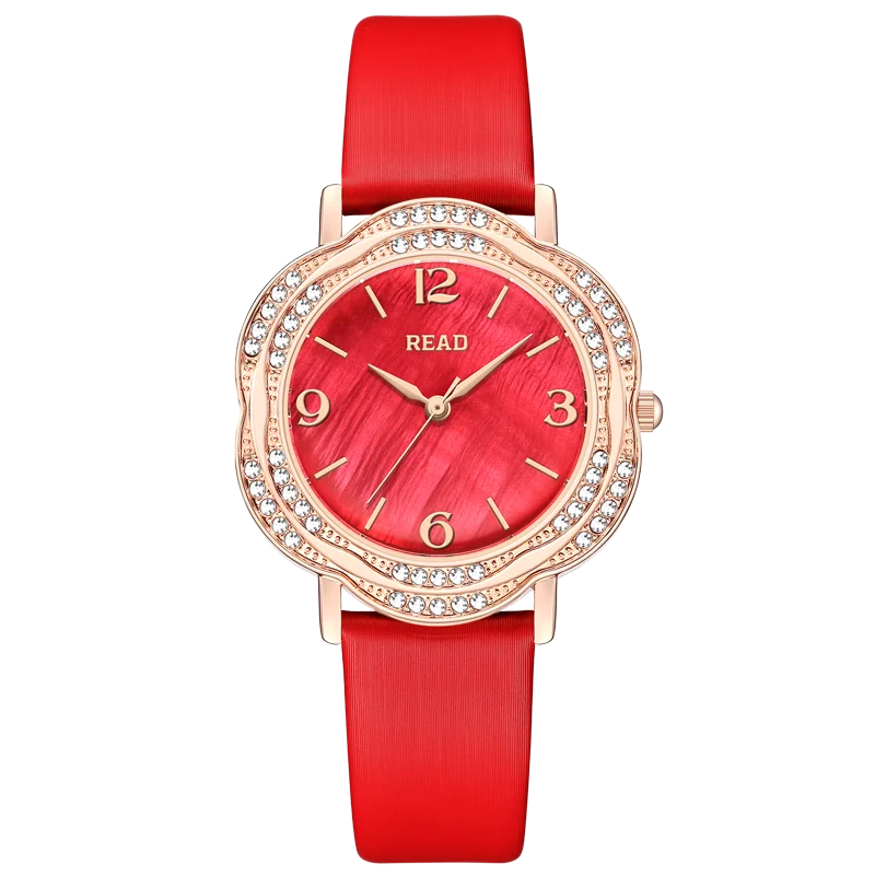 READ Ladies Analog Dress Watch | Floral Contour Case | Sparkle Bezel | Red Textured Band | Daily Water Resistant Wrist Watch