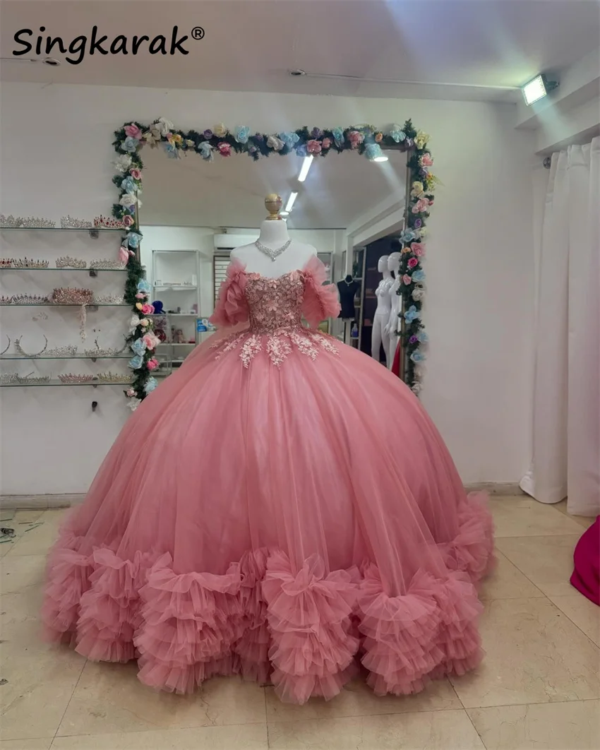 Princess Pink Quinceanera Dresses Ball Gown Tiered Ruffle Dress Beads Flowers Appliques Birthday Sweet 15th Party Customized 