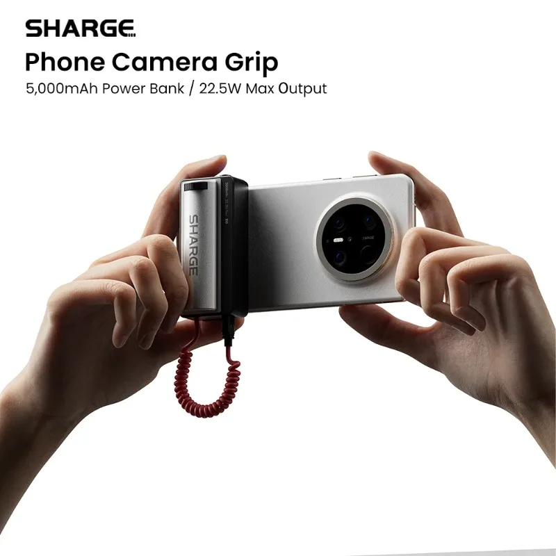 

SHARGE Phone Camera Grip 5000mAh Power Bank Built-in USB-C Cable & Wireless Shutter Button Compatible with iPhone 8-16 Android