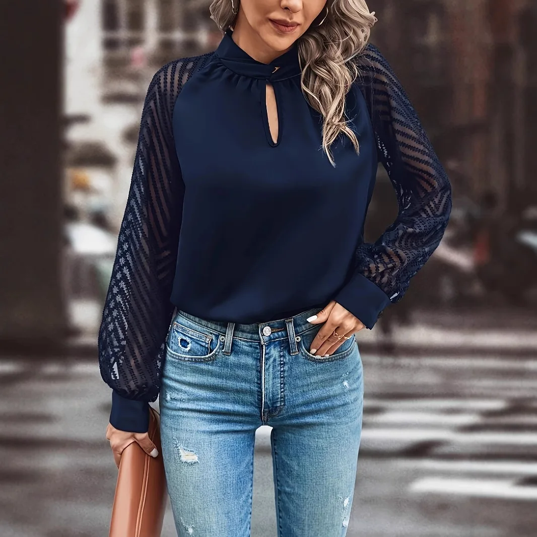 Blusa elegante de oficina para mujer, Tops de primavera 2026, nueva camisa de gasa de malla con empalme de cuello medio alto, Top de manga larga para mujer