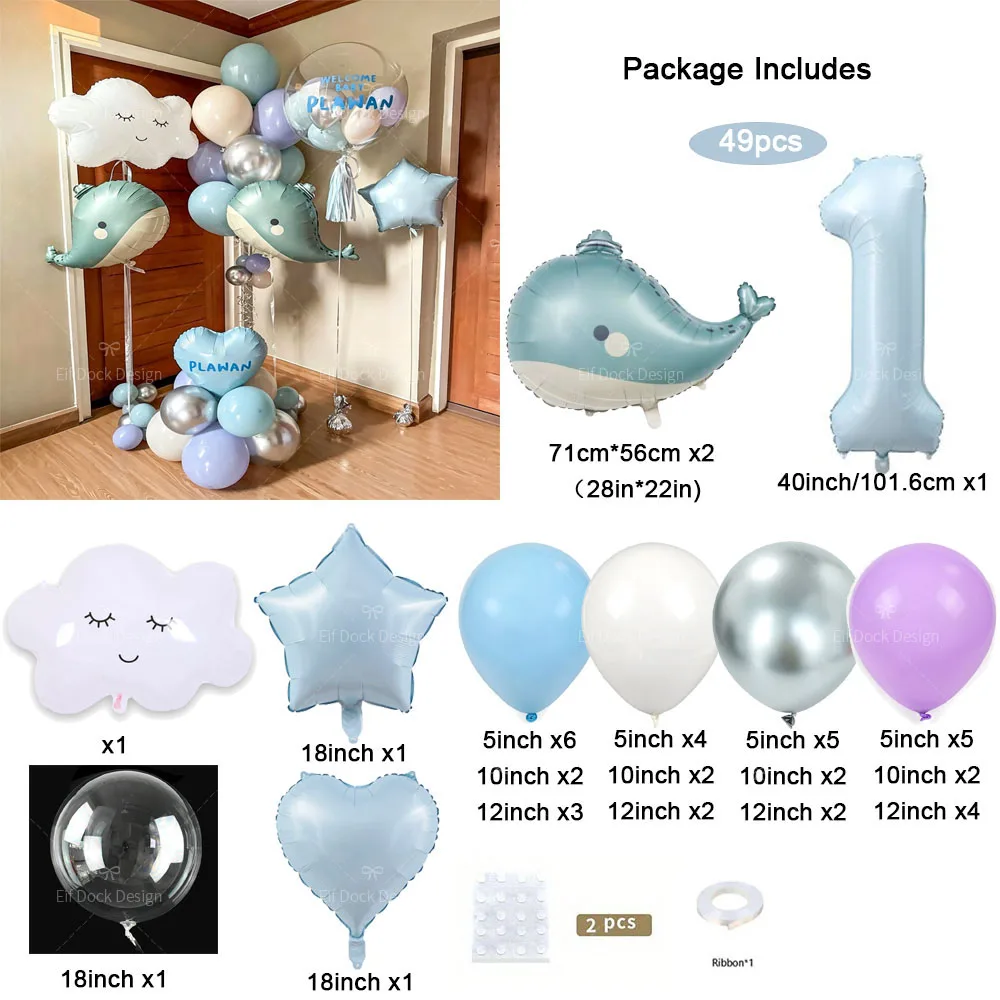 49pcs whale Clouds Themed Party Balloon Baby Blue Numbers Cute whale Under the Sea Birthday Party Decoration Supplies Gifts