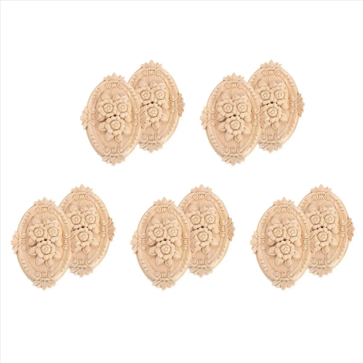 *A91P 10Pcs Wood Carved Applique Frame Onlay Unpainted Furniture Decoration Unpainted Oval Patterns 21X15cm