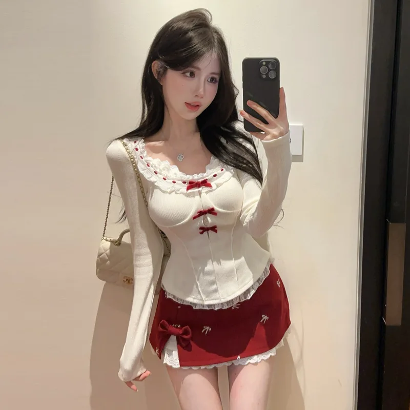 

Sweet And Spicy Lace Trim Long Sve High Waist Skirt Set Women's Casual Sportswear Faionable Trendy Spring Season