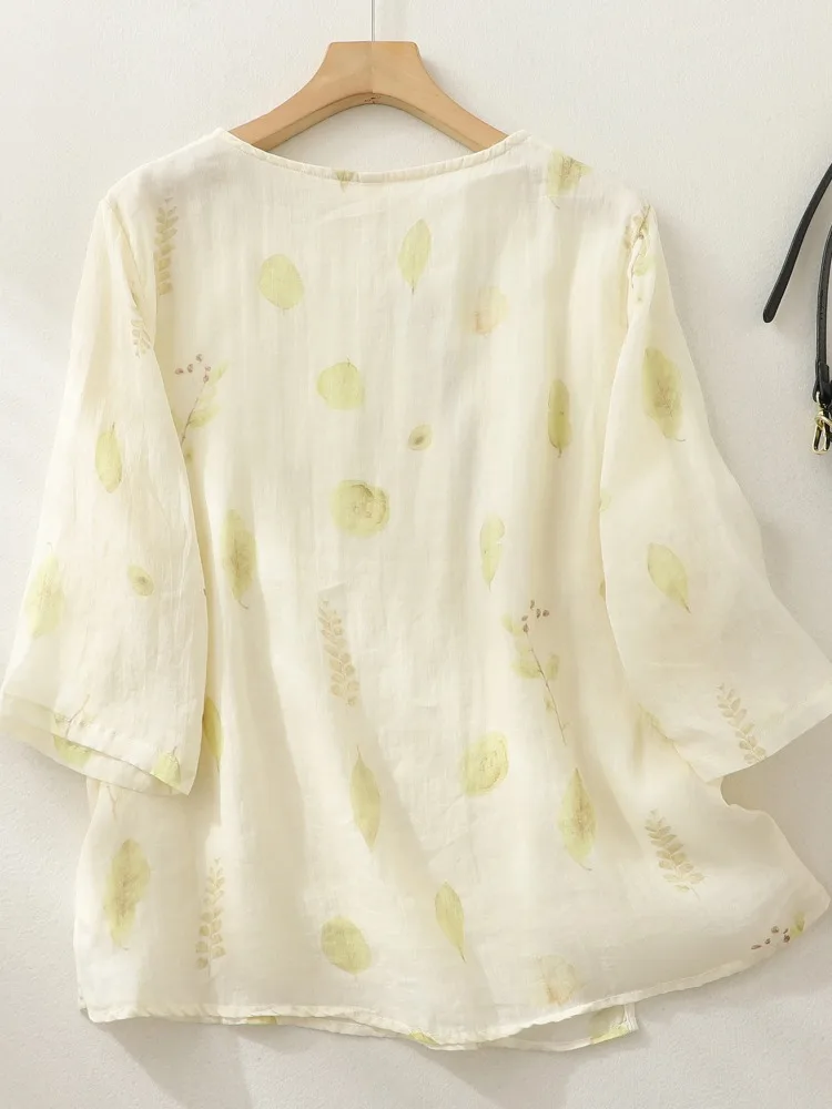 T-shirt ampia vestibilità ampia in lino di cotone ricamato retrò da donna Estate comoda stampa anti-età Top artistico sopra la testa