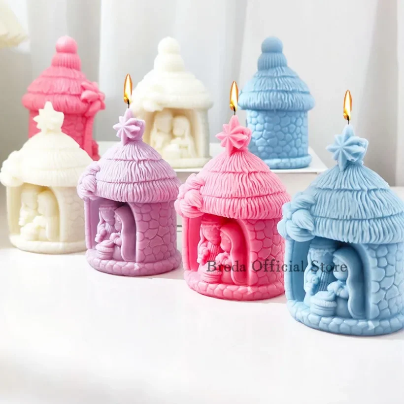 Holy Religion Nativity Silicone Candle Mold 3D Stone House Aromatherapy Plaster Soap Epoxy Crafts Casting Mould Baby Birth Gift