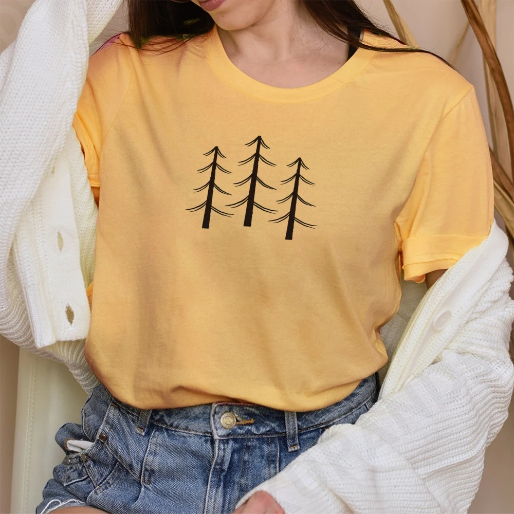 Y2K Cotton Casual Women‘s T-Shirt Short Sleeve Round Neck Fitted Top with Cute Forest Tree Print Colorful & Trendy Unique Design