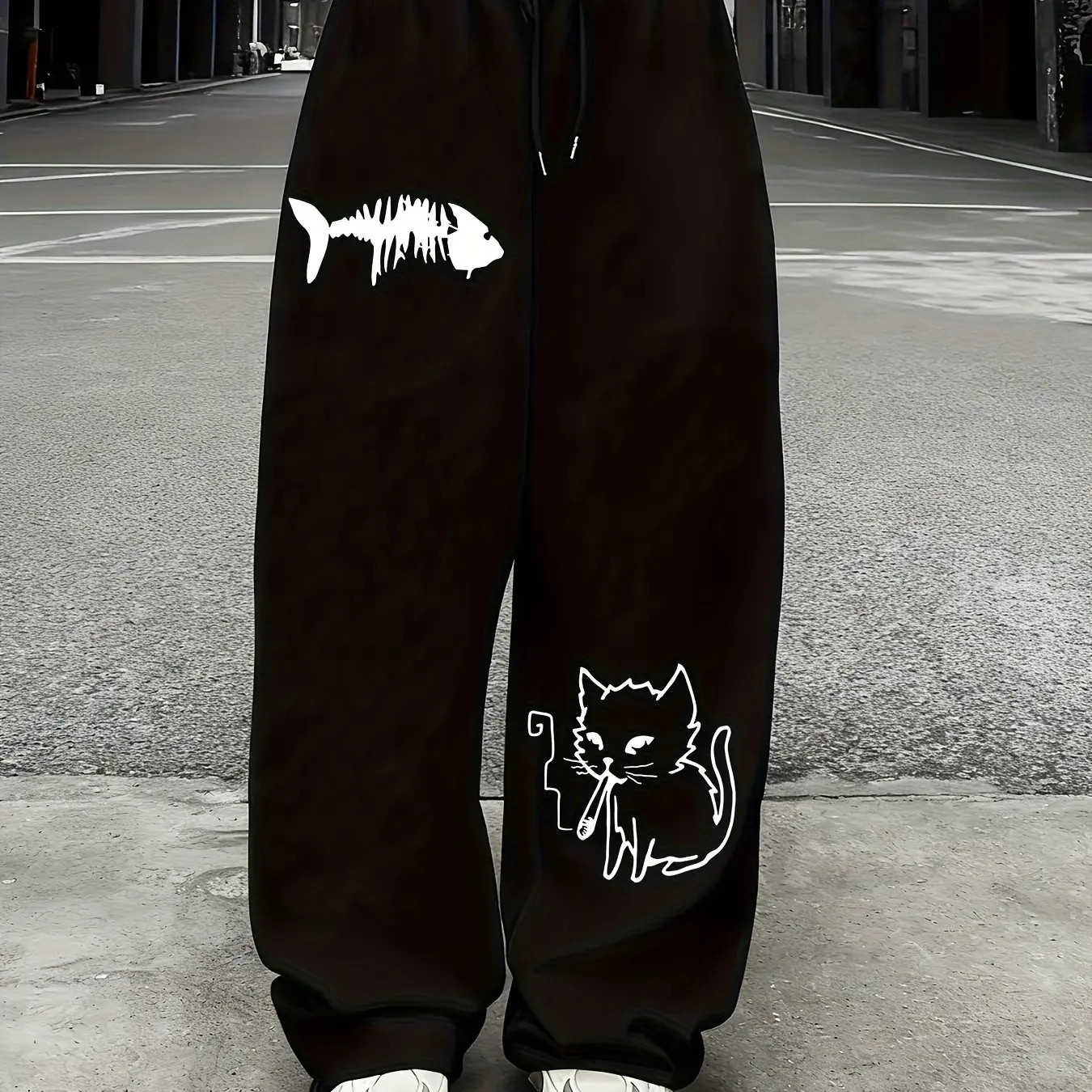 

Street Style Cat Fishbone Printed Pants for Men and Women, Casual Sports Straight Leg Pants