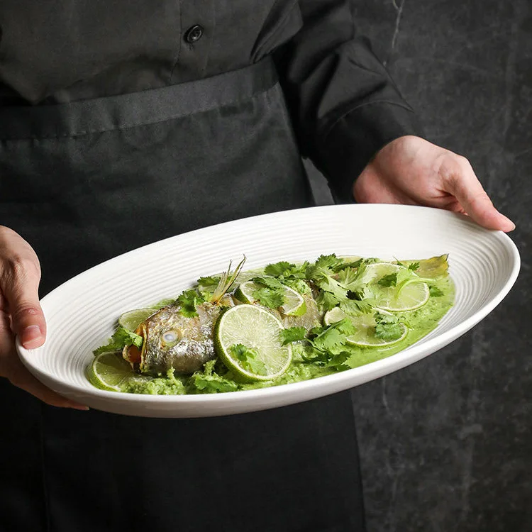 Ceramic steamed fish plate - household pure white oval large fish plate - grilled fish dish - deep dish