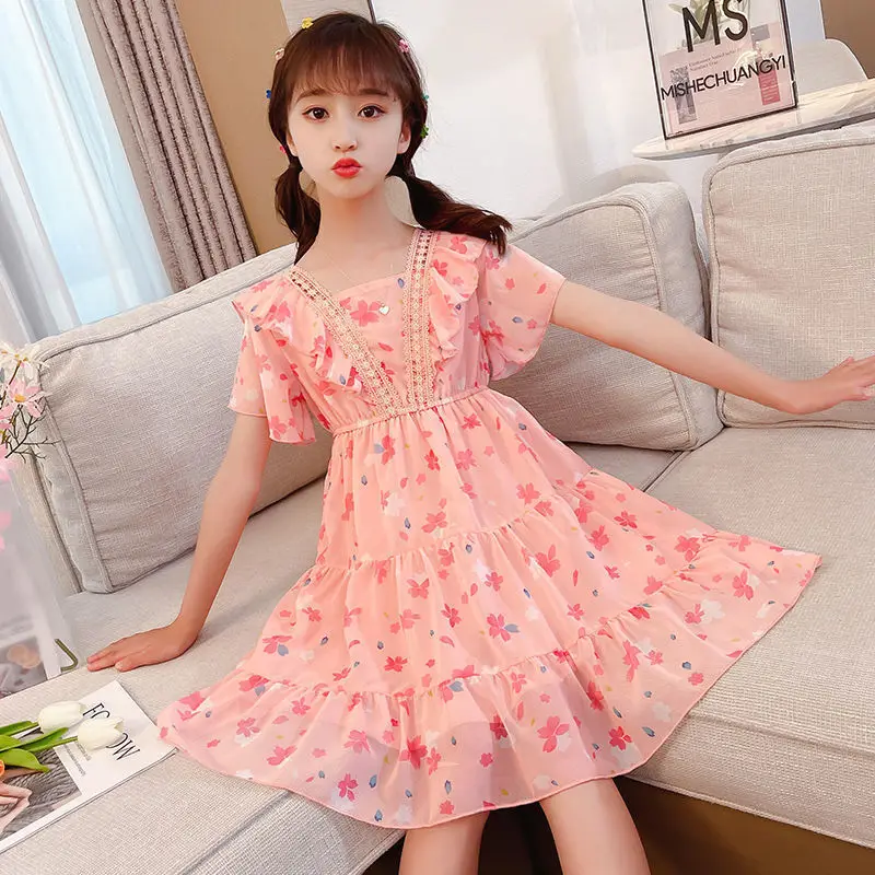 2023 New Summer Flower Full Print Elegant Princess Dresses For Girls Birthday Present Teen Children Clothing 3 4 6 8 10 12 Years