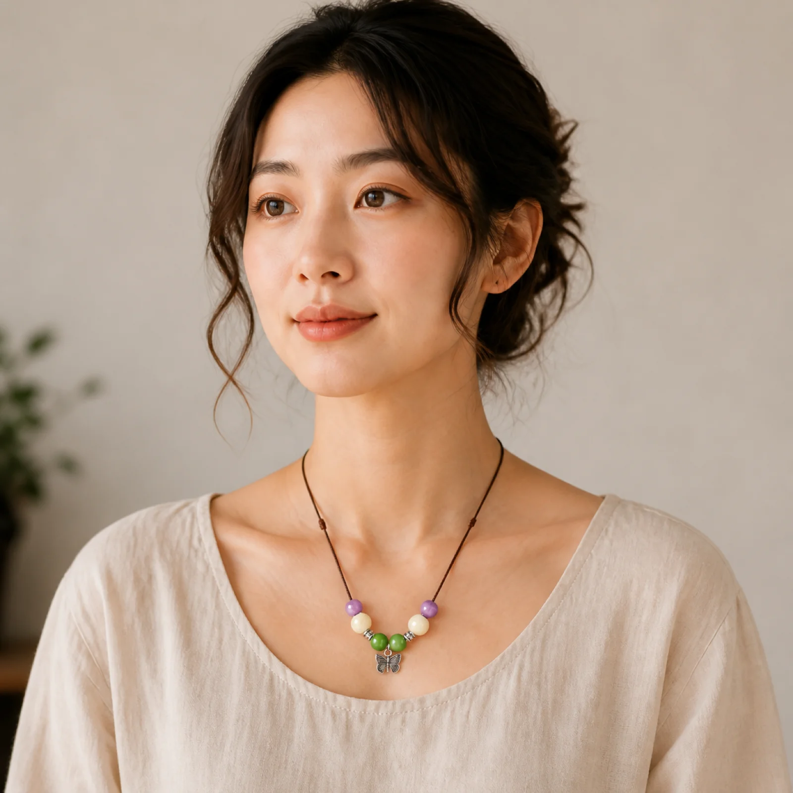 Handmade Ceramic Butterfly Necklace with Adjustable Waxed Cord,Woven Ceramic Beads and Metal Accent Jewelry 608P13-11