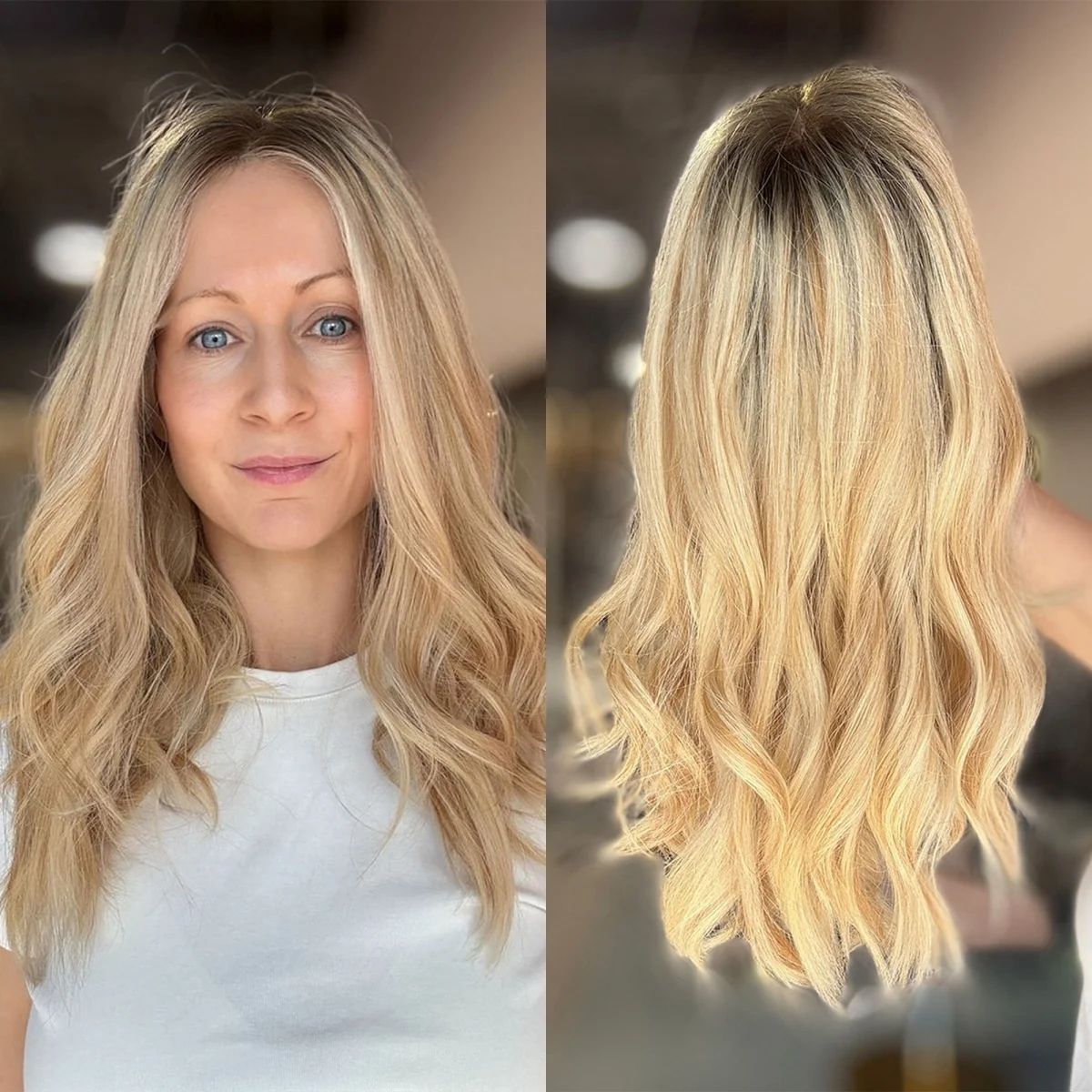 

18 Inches Ombre Golden Blonde 180% High Density Front Lace Wigs Middle Parting Medium Length Glueless Wigs Synthetic Hair Daily