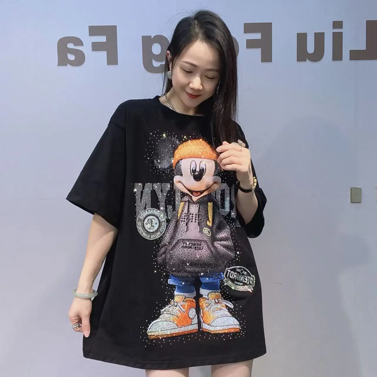 

Fashion Thicken Autumn Winter Couple T-shirts Mid-long Mickey Diamonds Oversize Pullover Top Casual Short Sleeve Cotton Tees