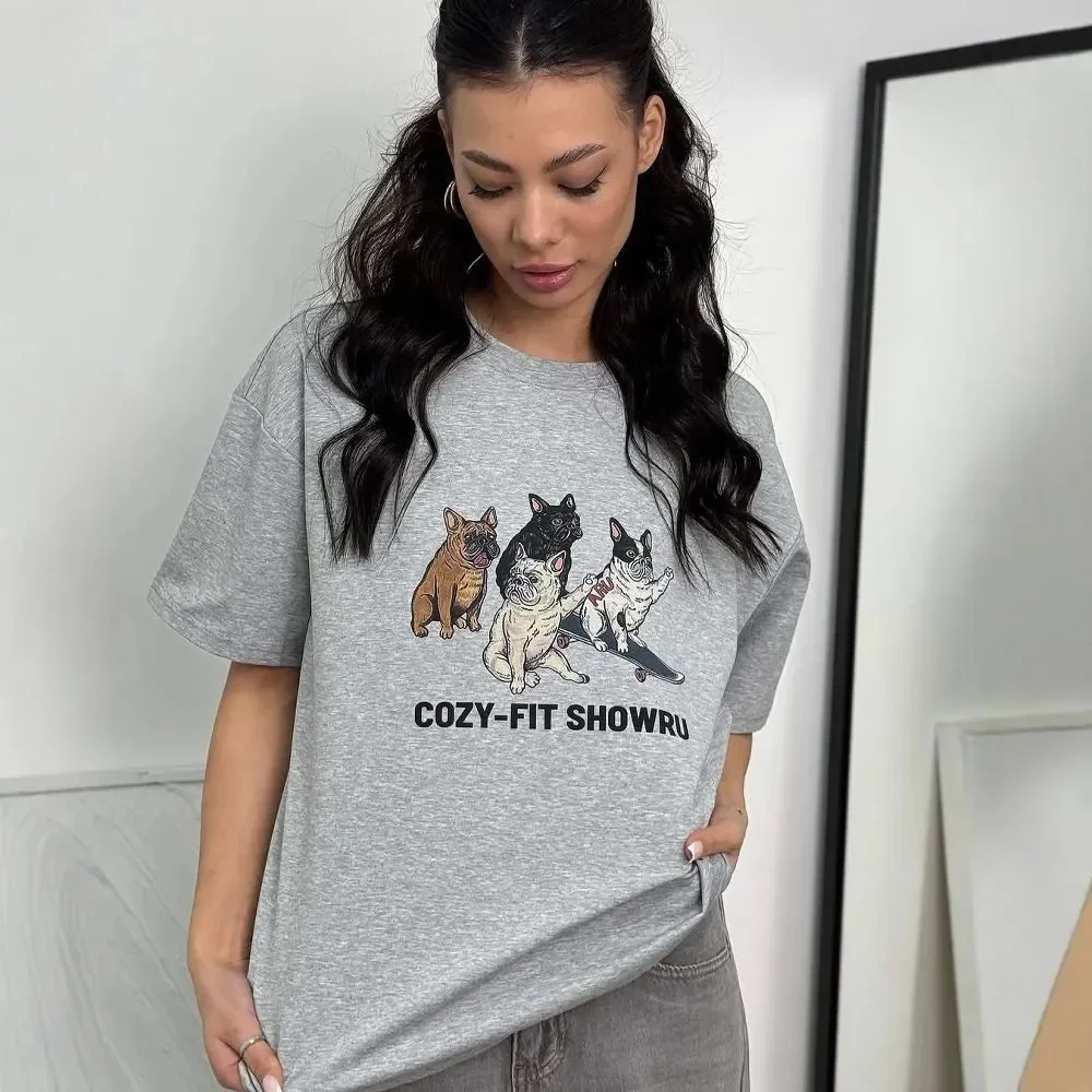 

Pure Cotton Little Dog Women's Printed Fashionable Short-sleeved T-shirt, A Loose and Slimming Top That Is Versatile for Summer