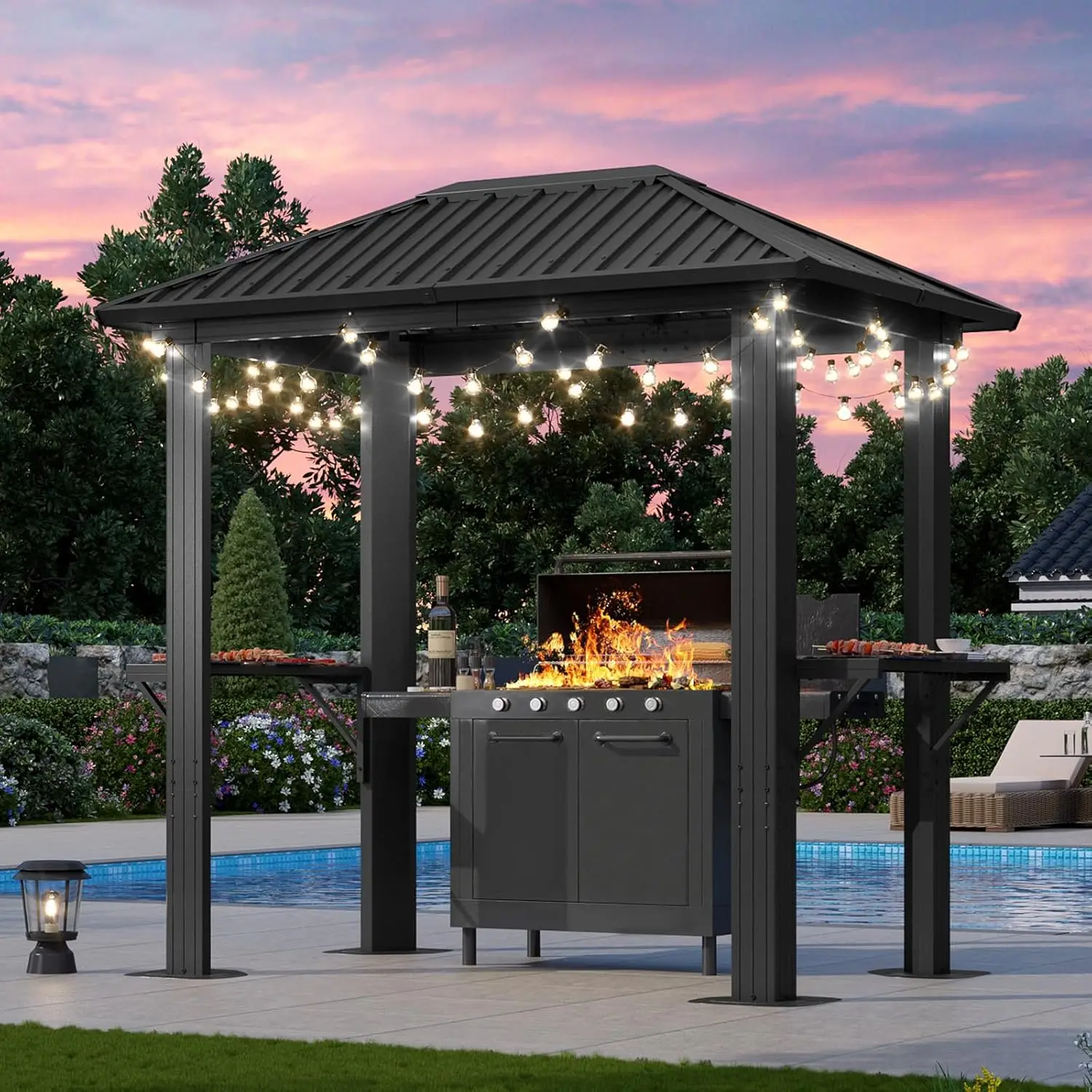 

Grill Hardtop Gazebo 5'x8' Aluminum Frame Canopy with Galvanized Steel Roof for Outside BBQ Party Outdoor Metal Pavilion with Do