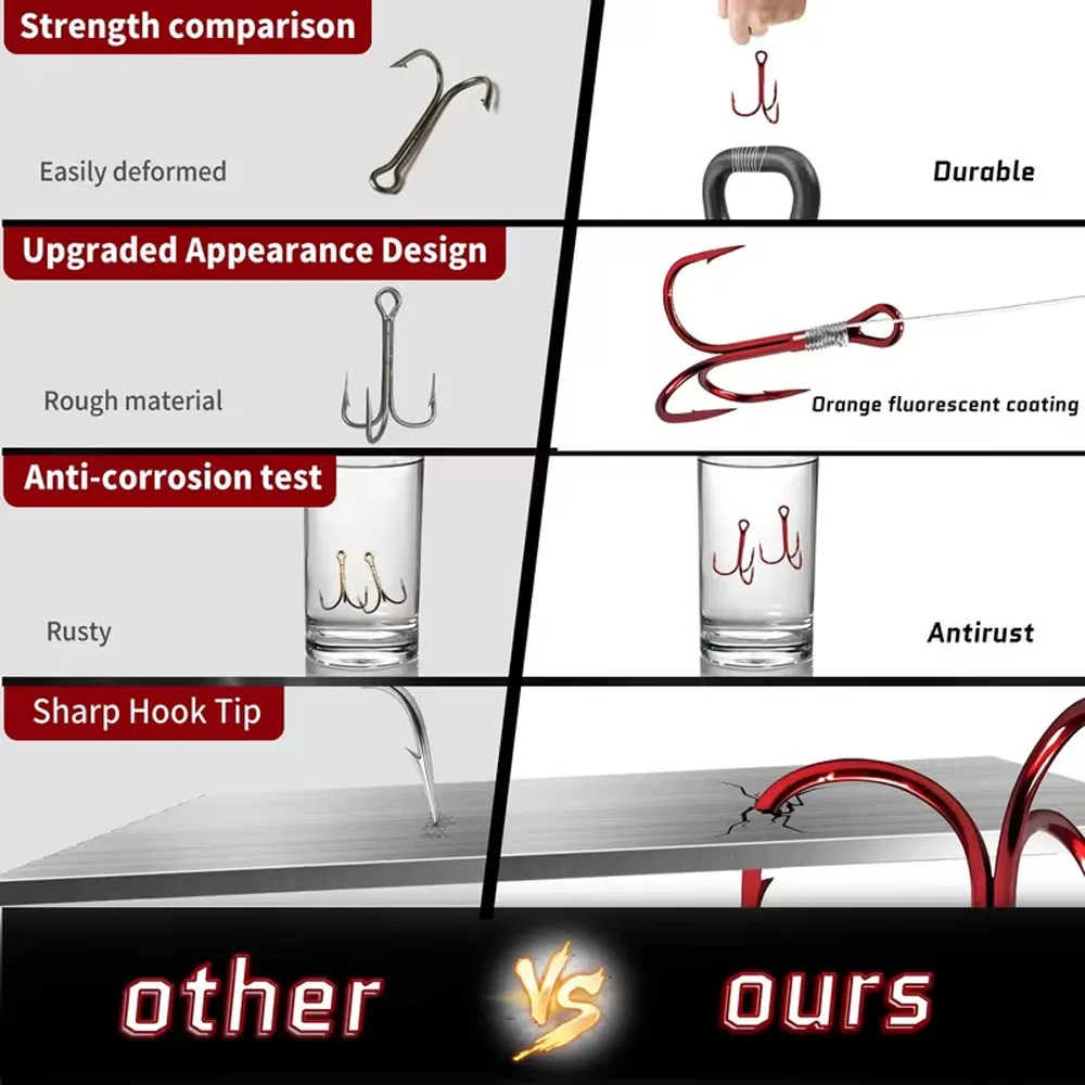 25 قطعة من خطافات الصيد الثلاثية خطاف أحمر ثلاثي عالي الكربون من الفولاذ للمياه العذبة والمياه المالحة #6