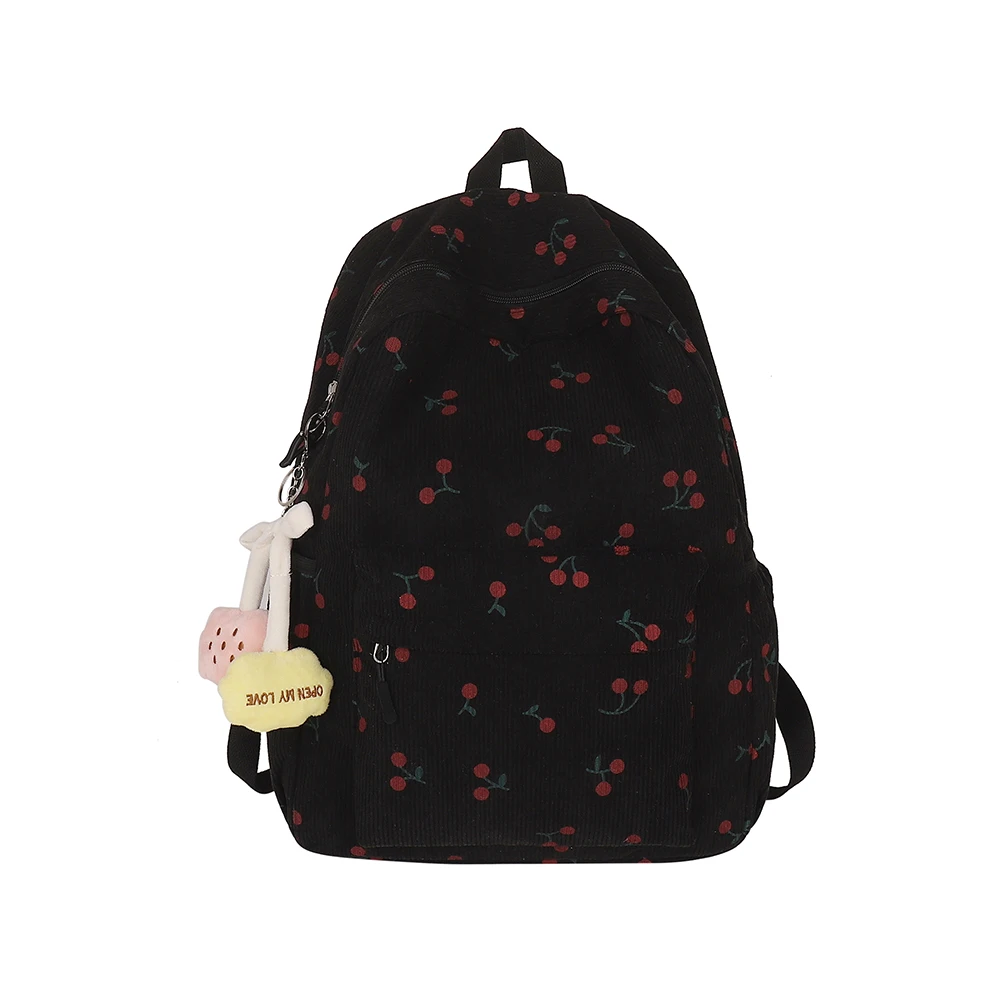 Corduroy Backpack Cherry Pattern Women Cute Book Bag Adjustable Strap Laptop Backpack Zipper Rucksack for Work Shopping School