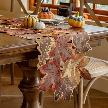 1pc Autumn Maple Leaf Embroidered Table Runner, Flocked Brown Maple Design, Rustic…
