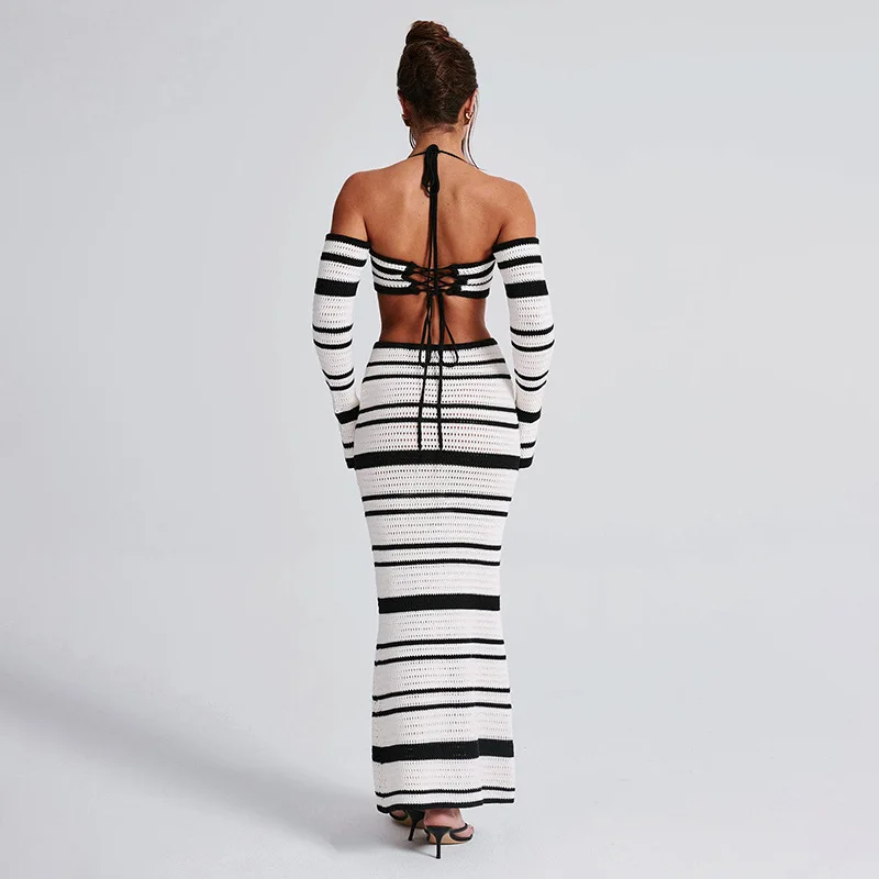 European and American Summer New Women\'s Striped Off Shoulder Hanging Neck Tie Long Sleeved Knitted Hollow Skirt Set for Women