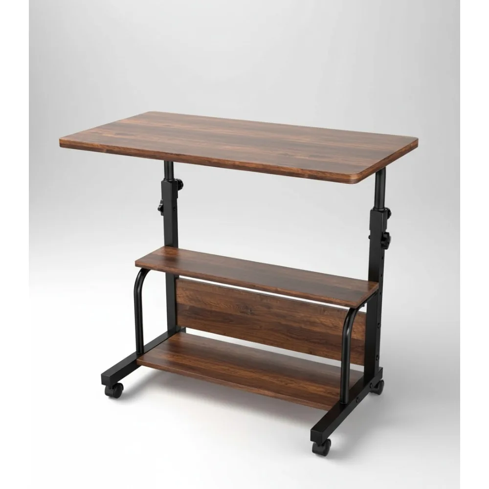 

Portable Rolling Desk on Wheels Adjustable Height 32" Computer Desk with Storage Shelves for Small Spaces Home Office