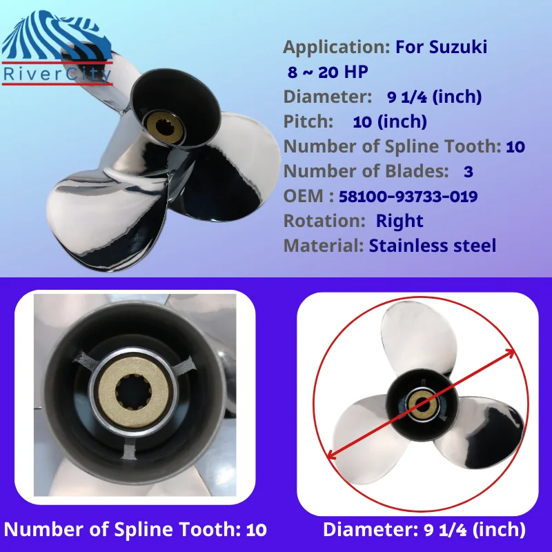 For Suzuki 8hp 9.9hp 15HP Outboard Propeller 9 1/4 x10 Boat Motor Stainless Steel Screw  Marine Engine 3 Blade 10 Spline