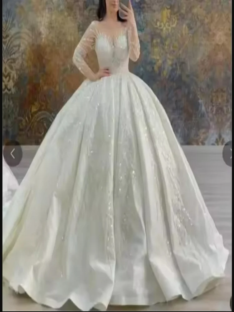 تخصيص الأزياء شير الرقبة تسلق الخرز الترتر Ballgown فستان الزفاف قطار الاجتياح زائد حجم طويلة الأكمام أثواب الزفاف