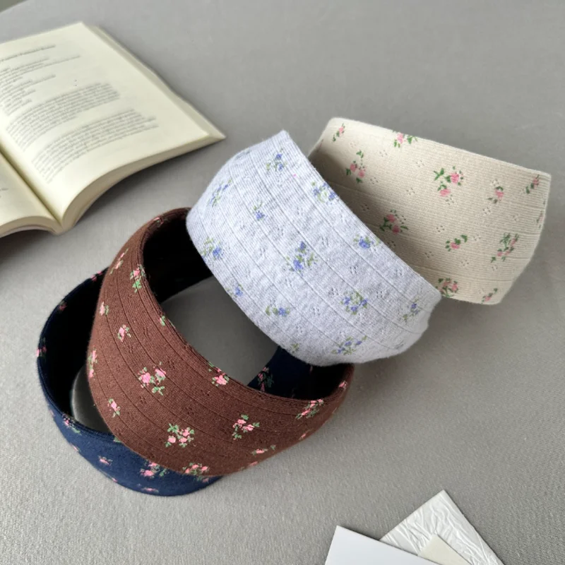 Vintage Floral Print Headband for Women Wide Edge Fabric Hairbands High Cranial Top Hair Band Daily Hair Accessory