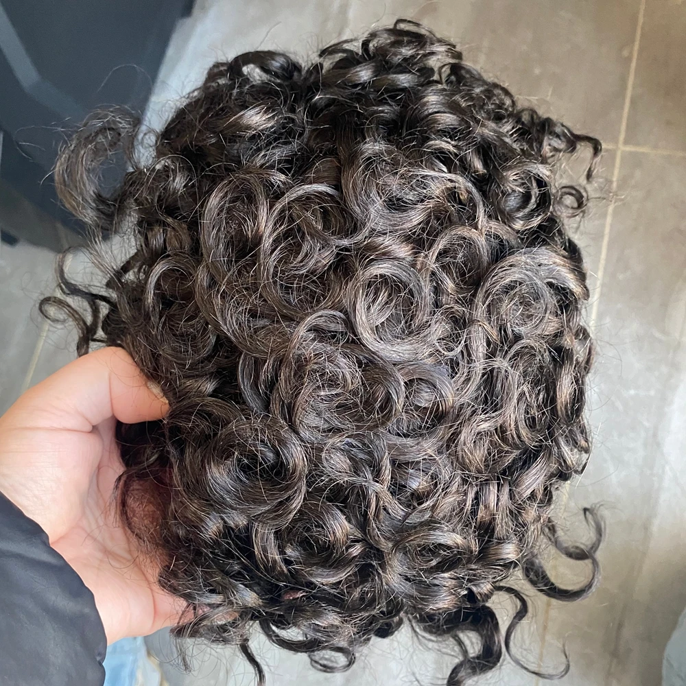 Light Blonde Human Hair Mono 20mm Curly Hair Replacement Toupee for European Bald Man Breathable Mesh NPU Natural Hairline Wigs