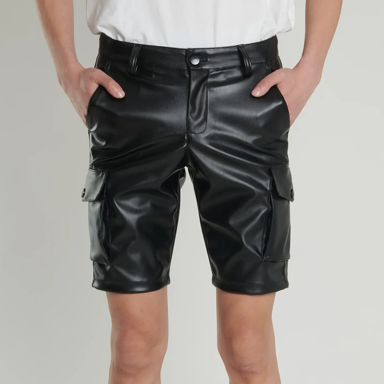 Summer thin young cross-border leather pants men\'s stretch white black leather pants men\'s fashion shorts five pants