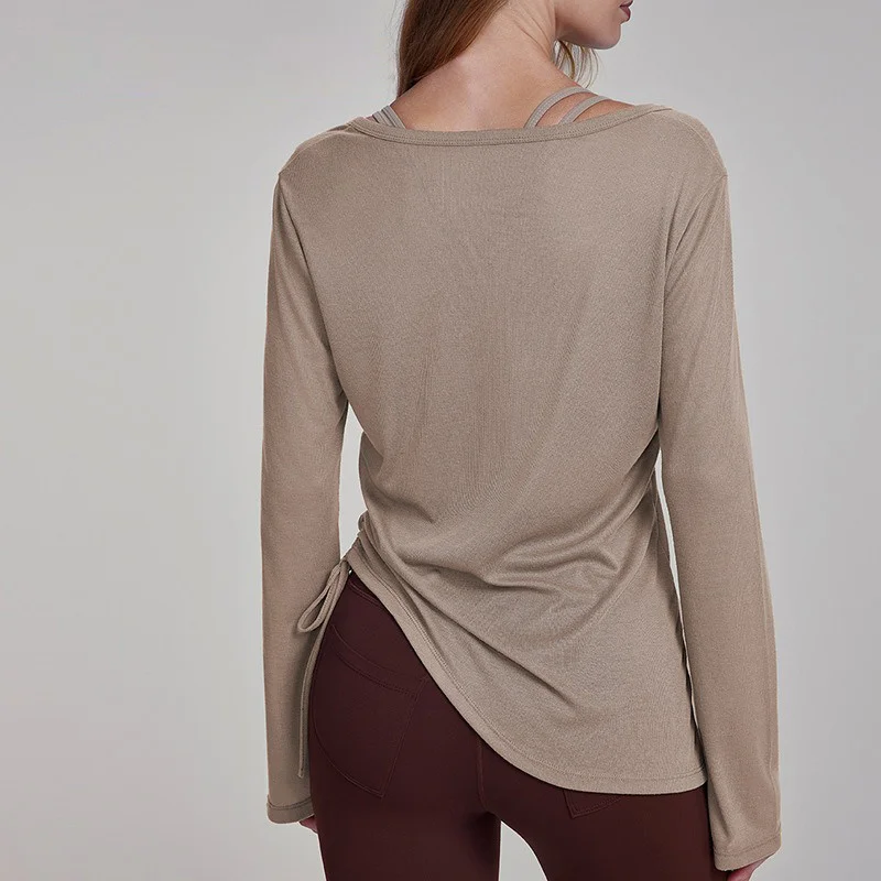 Aiithuug Side Ruched Yoga Long Sleeve Loose Yoga Shirt Casual Gym Top Quick Dry Yoga Tops Drawstring  Pilates Top Workout