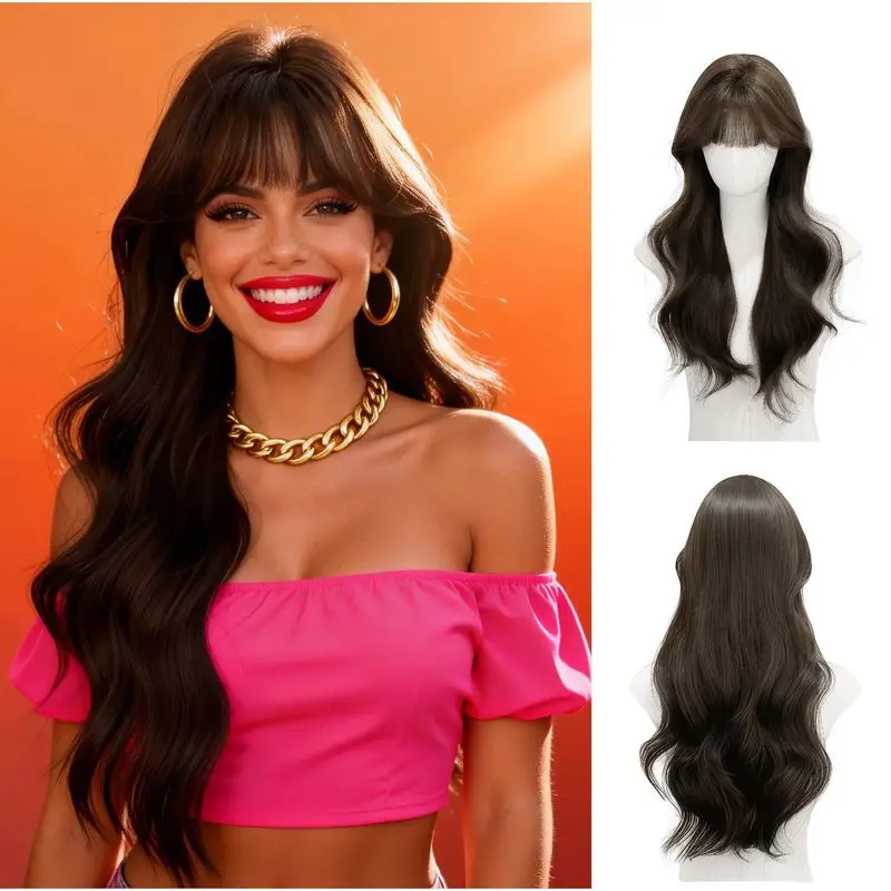 Cold brown long curly wavy for women, Xuchang synthetic fiber full head wig