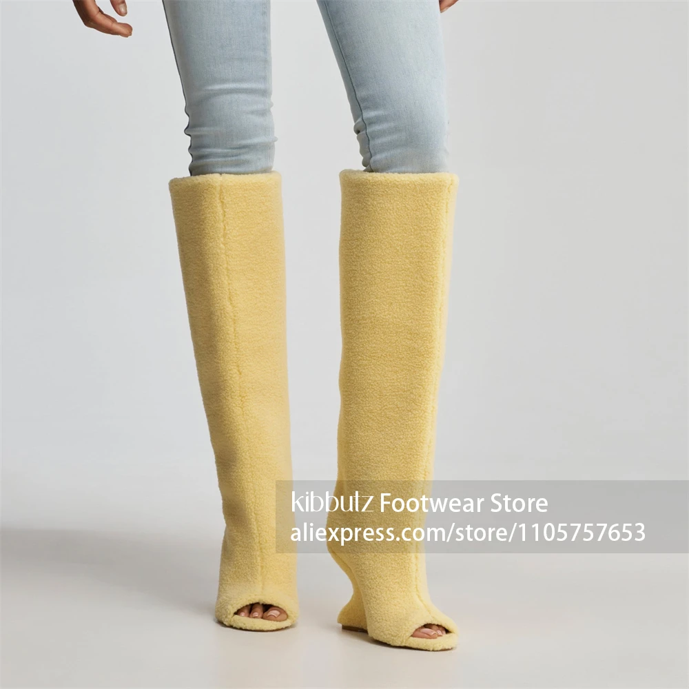Integrated Sculptural Curved Wedge Heel Boots Slouchy Straight Tall Shaft Boots Sexy Open Toe Soft Plush Fluffy Texture Boots
