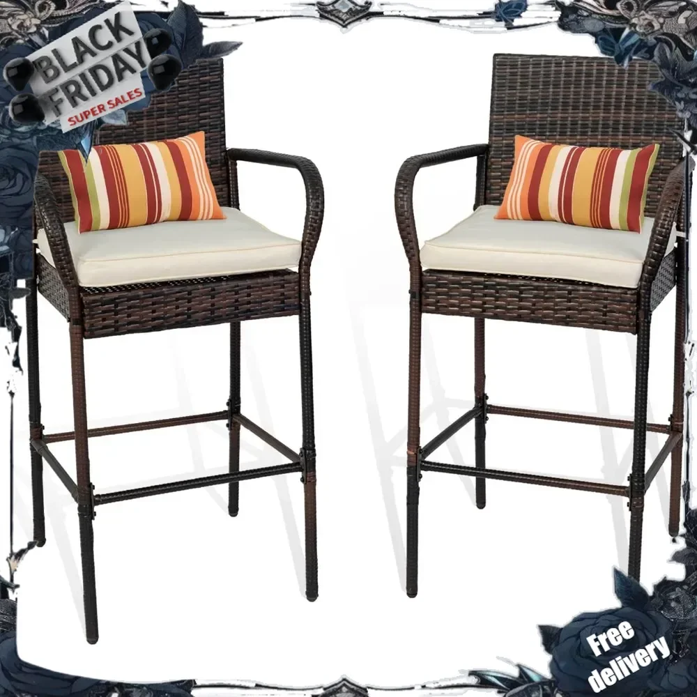 Bar Stools Set of 2, 2 Piece Rattan Bar Stool Wicker Chairs, Patio Bar Height Chair with Arms, Cushion Beige