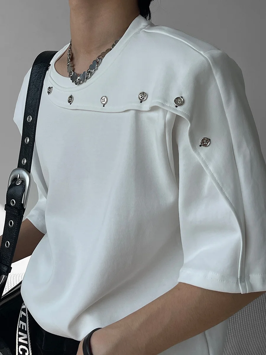 

Летняя мужская футболка с подплечниками, коротким рукавом, структурированным дизайном и вставками, свободного кроя, молодежный тренд