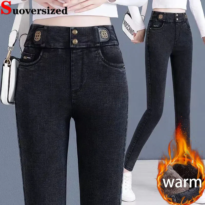 Winter Warm Skinny Vintage Pencil Jeans Women Elastic High Waist Fleece lined Denim Pants Stretch Thicken Snow Wear Vaqueros New